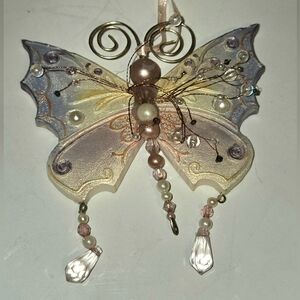 Vintage Resin Pastel Butterfly Ornament Hanging Decor W/Bead Wire Accents Ribbon